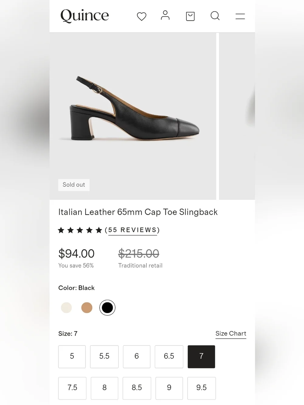 NWOT Quince Italian Black Leather 65MM Cap Toe Slingback Pump Women's 7 - Picture 3 of 12